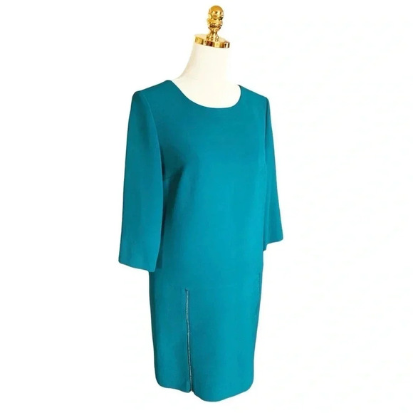 ANN TAYLOR | Women’s Teal Green Shift Dress 3/4 Sleeve Front Zippers Size 2 - Picture 7 of 15